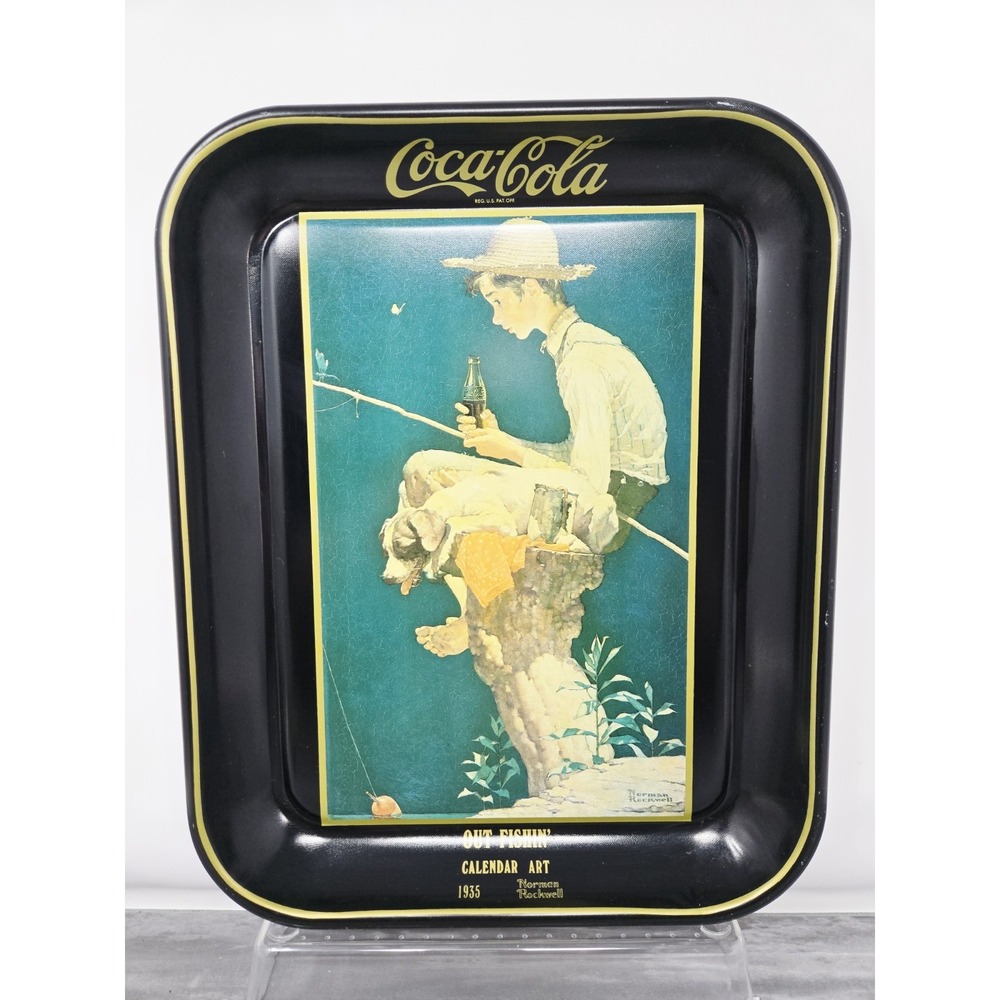 Coca-Cola Metal Tray, 1935 Norman Rockwell 'Boy Fishing' Artwork, 1985 Vintage